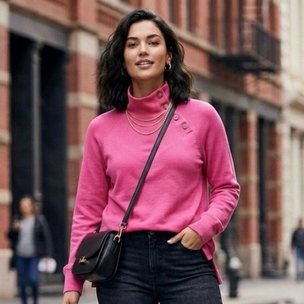 J.Crew Pink Mock Neck Sweater Button Shoulder Pullover Medium Cozy Chic